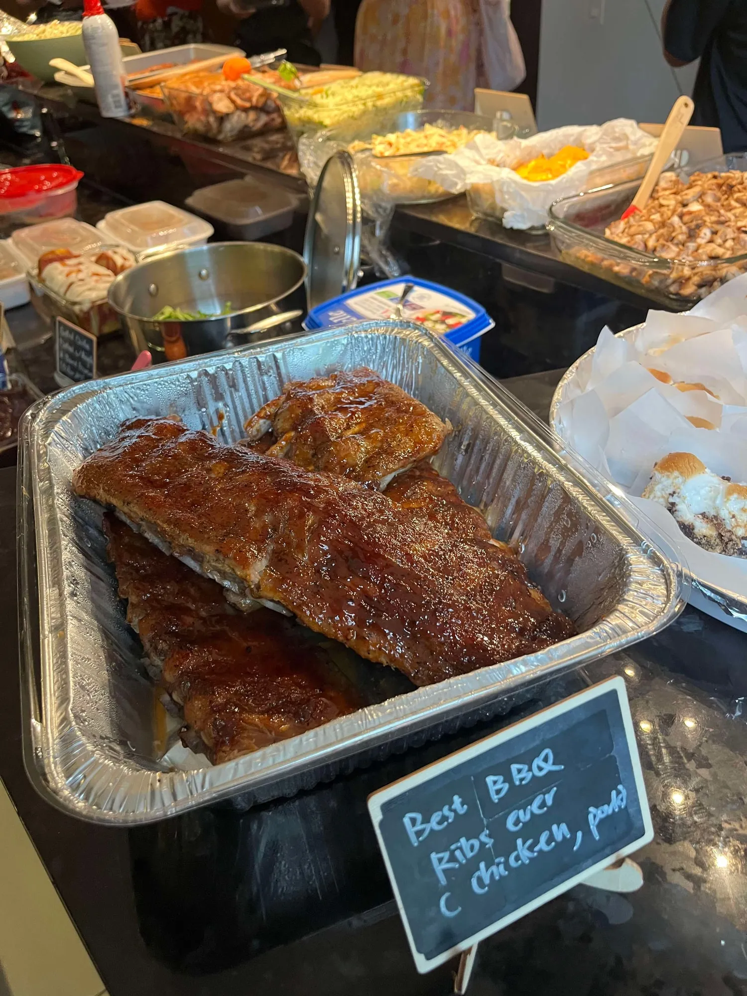 A tray of barbecue ribs, labelled Best BBQ Ribs Ever